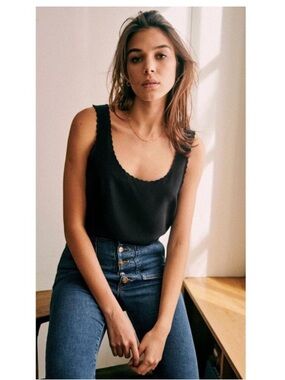 Sézane Lucie Black Silk Scalloped Cami - FR/32 - US 0